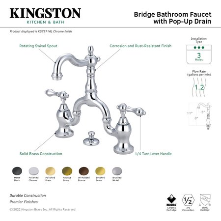 Kingston Brass Bridge Bathroom Faucet with Brass PopUp, Matte Black KS7970AL